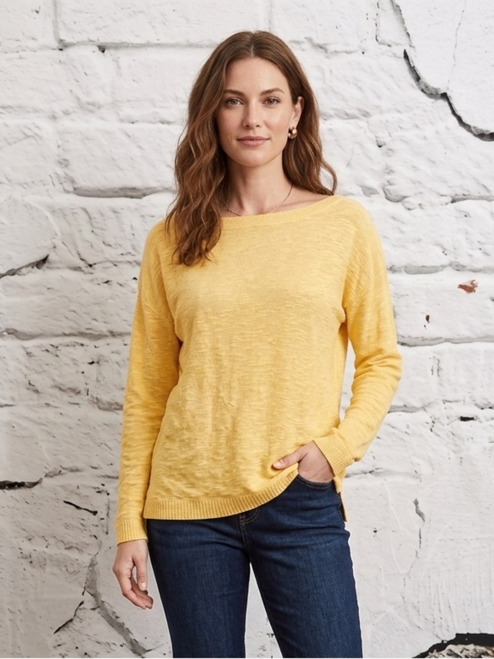Eileen Fisher Organic Cotton Linen Yellow Lightweight Boatneck Pullover Sweater